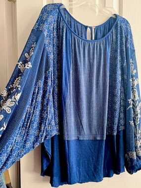 Free People Blue Mixed-Print Peasant Tunic